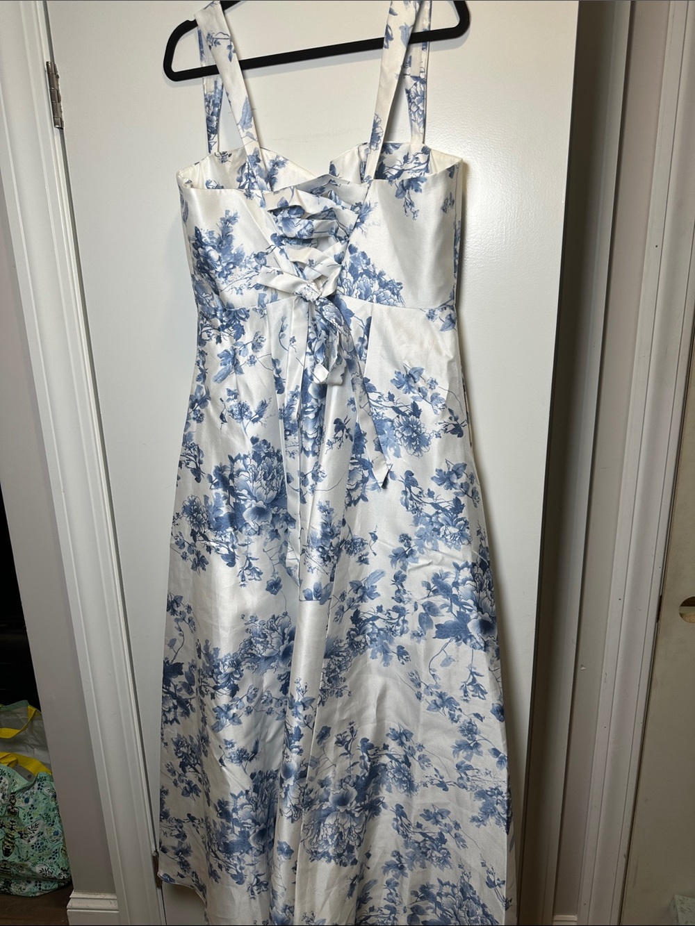 ALFRED SUNG White Maxi Dress with Blue Floral Bustier (22) - Picture 2 of 3